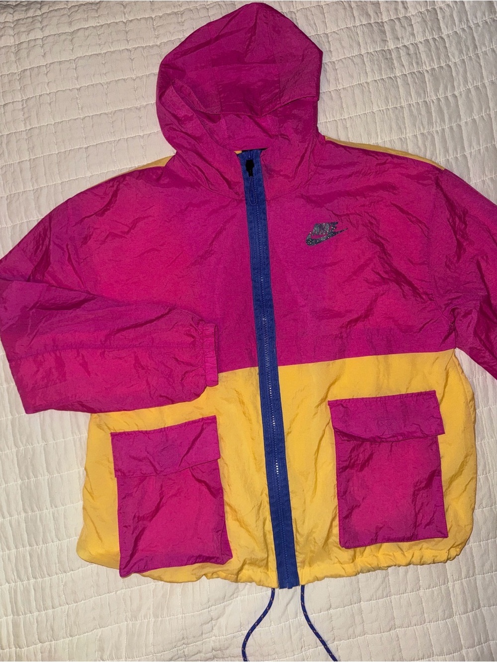 Nike Pink and Yellow Colorblock Hooded Windbreaker